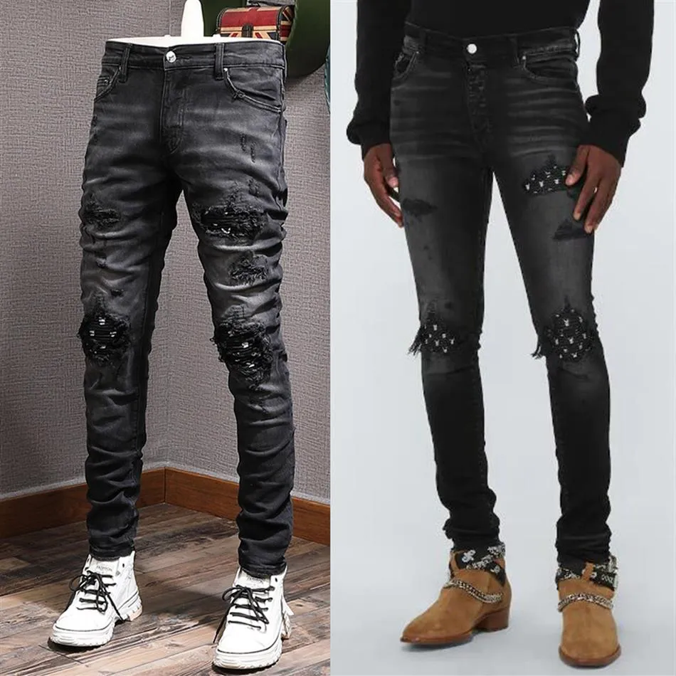 Man Worn-Out Patch Black Jeans Damage Stretch Slim Fit Denim Trousers274K