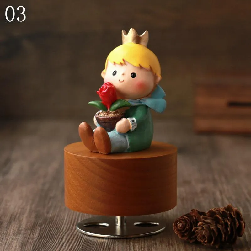 Fabric Little Prince Clockwork Rotation Round Base Musical Boxes Houten Music Box Wood Crafts Retro Gift Home Decoratie accessoires