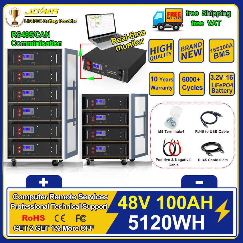LiFePO4 48V 100Ah 200Ah 300Ah Battery Pack 16S 51.2V 5KWh Built In BMS ...