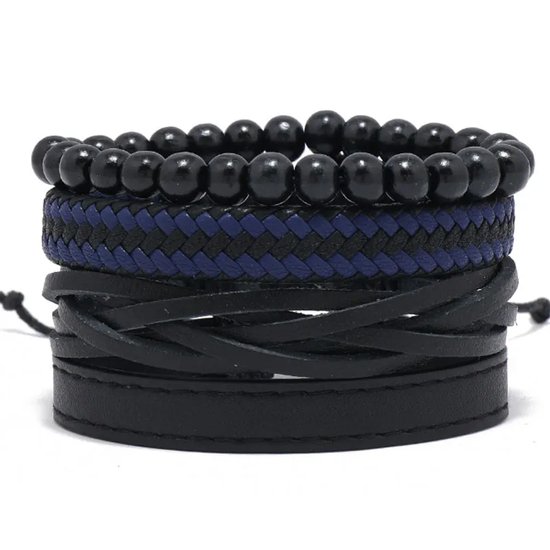 Conjunto de pulseiras masculinas de couro de corda multicamadas feitas à mão com miçangas trançadas ajustáveis para festas masculinas