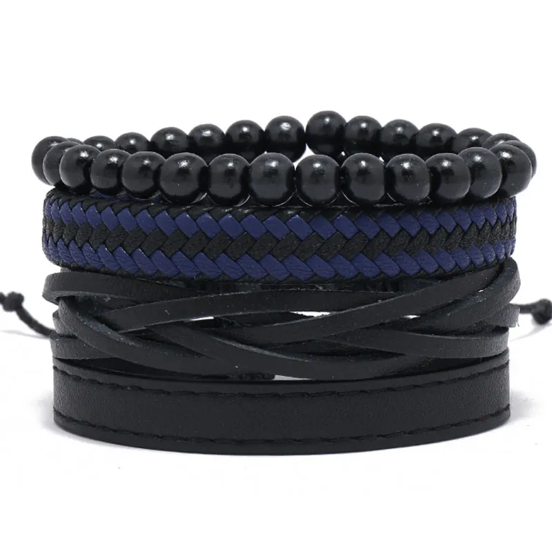 Männliche mehrschichtige Seil-Leder-handgefertigte geflochtene Perlen-Charm-Armbänder-Set, verstellbar, Party-Club-Schmuck für Männer