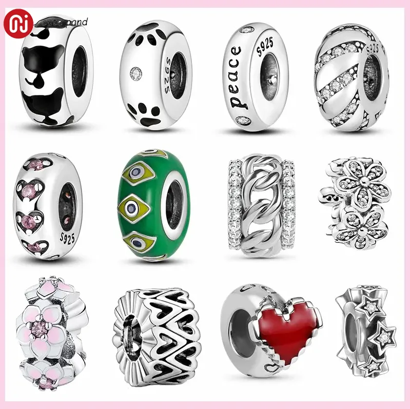 925 Srebrne koraliki Uroki Fit Pandora Charm Bransoletka Cat Paw Spacer Heart Flower Stopper Zestaw