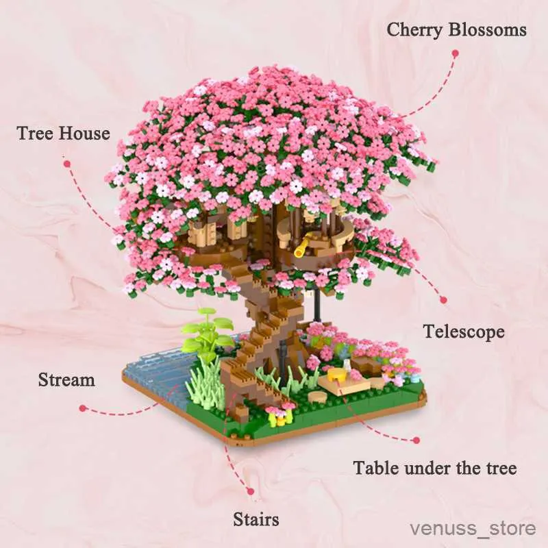 Blocchi 2138pcs Rosa Cherry Blossom Modello Building Block Miniatura Cherry Tree House Assembly Brick Regalo di Natale per bambini Ragazza giocattolo R230701