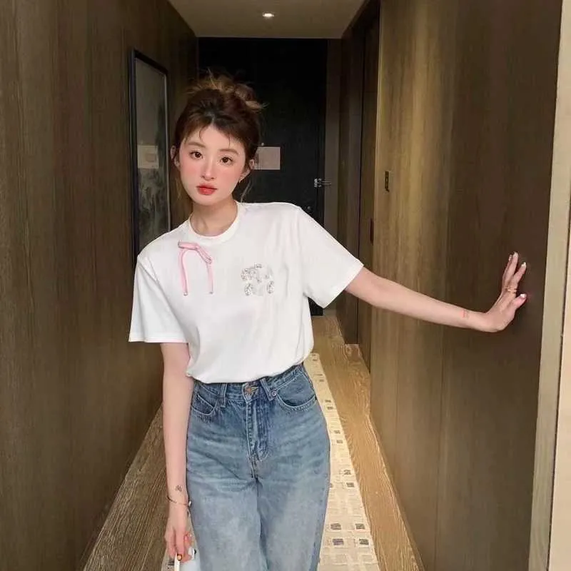 Women's T-Shirt Designer Summer New White Nail Diamond Loose Short Sleeve T-shirt Pink Bow Top Casual Versatile HHOZ