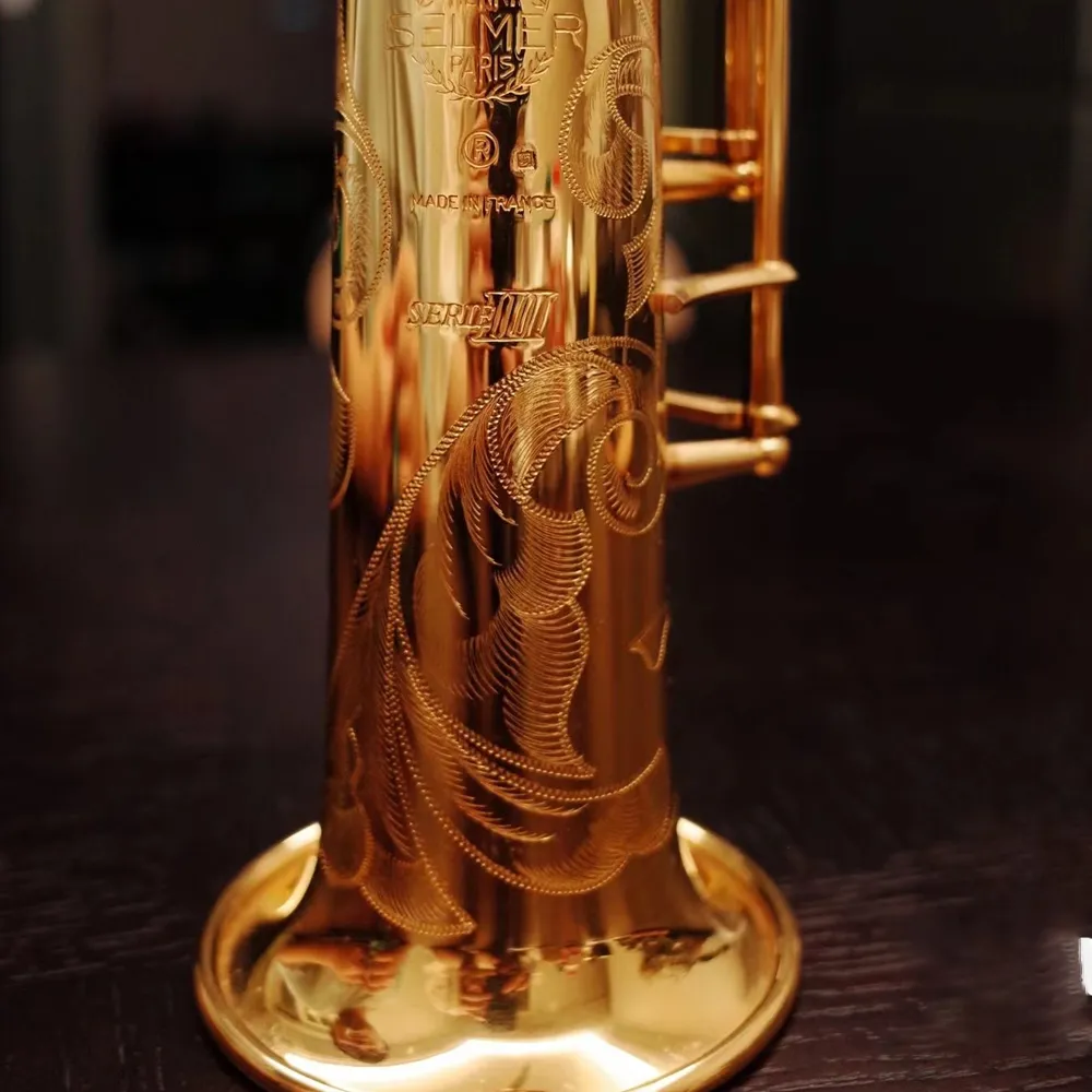 Högkvalitativ 803 Straight Pipe Soprano Saxophone BB Tone Lackered Gold Brass Graved Mönster Fransk hantverkstillverkning med tillbehör