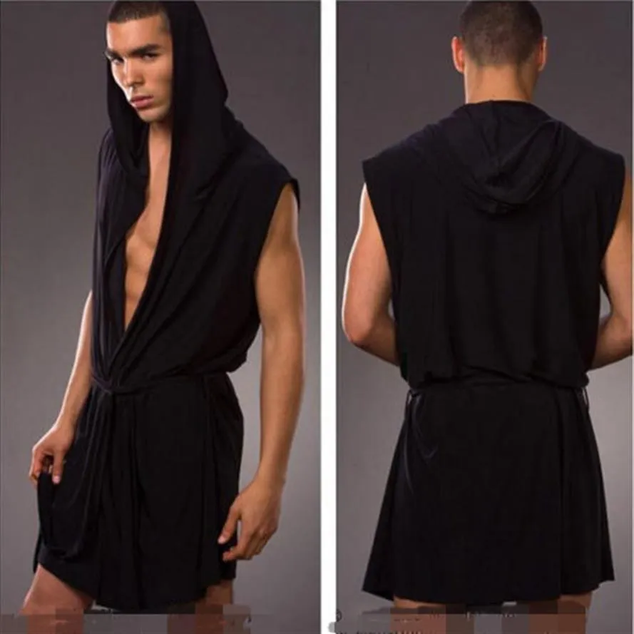 Summer Sexy 2 in 1Hooded Kimono Robe For Man Ice Silk Sleeveless Pajamas Bathrobe Yoga Wear 1998