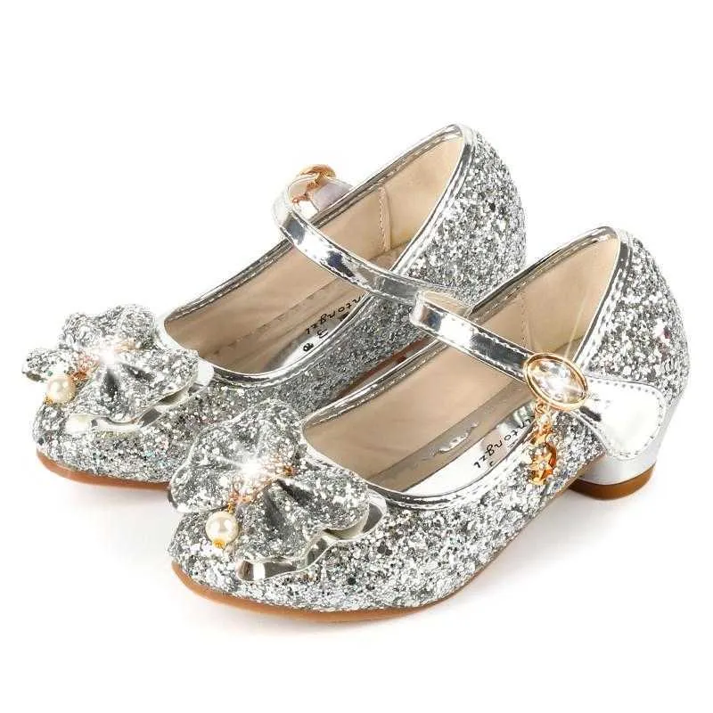 Baskets Princesse Enfants Chaussures En Cuir Pour Filles Fleur Casual Glitter Enfants À Talons Hauts Filles Chaussures Papillon Noeud Bleu Rose SilverHKD230701