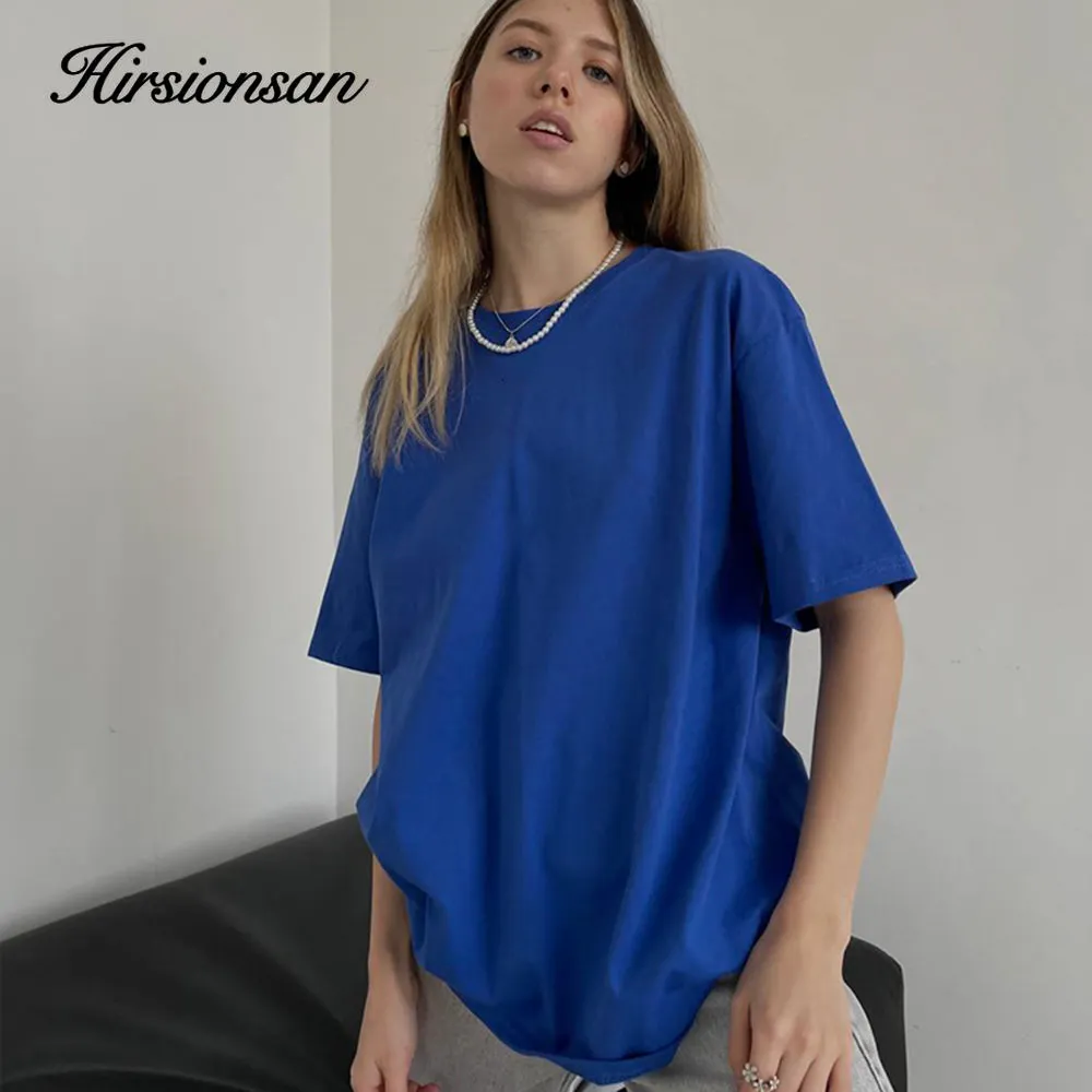 Koszulka damska Hirsionsan 100% bawełniana koszulka Kobiety Summer duże solidne koszulki Casual Podstawowe luźne entuzjazm Chic o szyjki żeńskie topy 230630