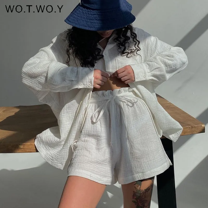 Women's Tracksuits WOTWOY Casual Cotton Two Piece Sets Women Summer Long Sleeve Shirts Tops with Shorts Set Female High Waist Loose Tracksuits 230630