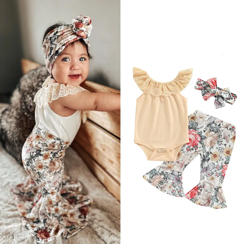 Clothing Sets FOCUSNORM 3pcs Toddler Baby Girls Cute Clothes 0 18M Lace Ruffles Off Shoulder Solid Romper Flare Flare Pants Headband 230630