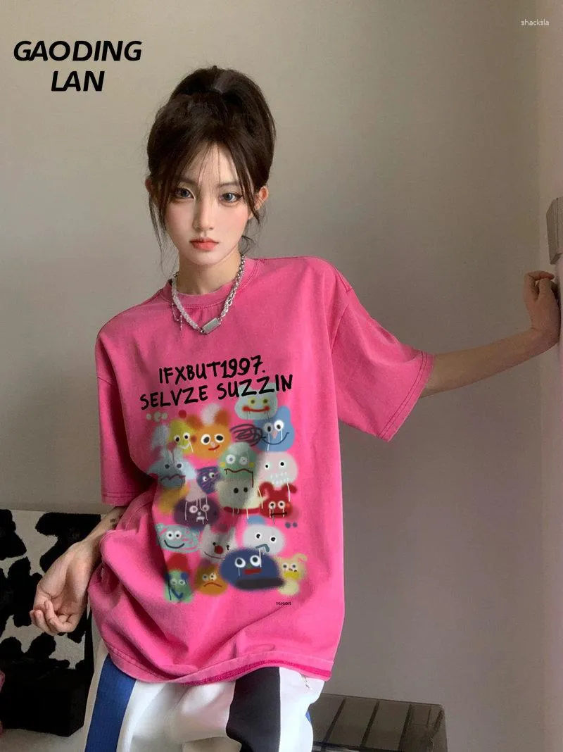 Kvinnors T -skjortor Gaodinglan Summer Women Pure Cotton Short Sleeve Tops Harajuku Print Casual Large Size Loose Cartoon Round Neck Tees Shirt