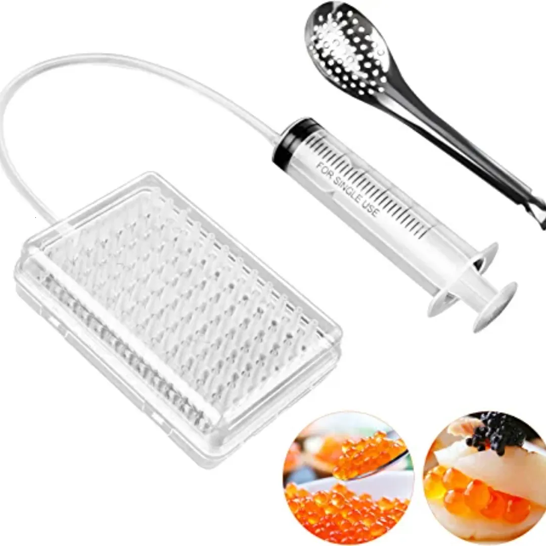 Andere Keuken Eetbar 96 Gaten Roe Saus Dispenser Zeef Gereedschap met Lepel Spuit Moleculaire Gastronomie Kit Spherificatie Druppelaar Kaviaar Maker Doos 230630