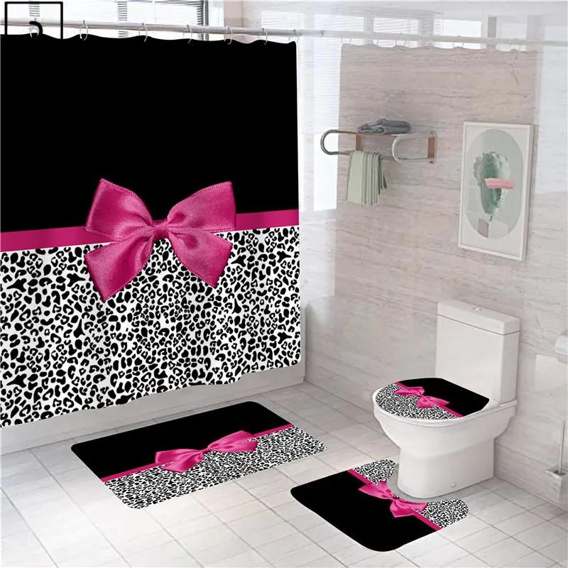 Cartes Leopard Imprimer rideau de douche rose Bowknot Girl Salle de bain Partition Salle de bain étanche Sépicée de toilette Baigne de baignoire