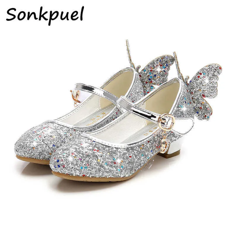 Sneakers New Princess Girl Leather Shoes Kids Diamond Butterfly Glitter High Heel Children Casual Butterfly Knot Shoes Girls Dance ShoeHKD230701