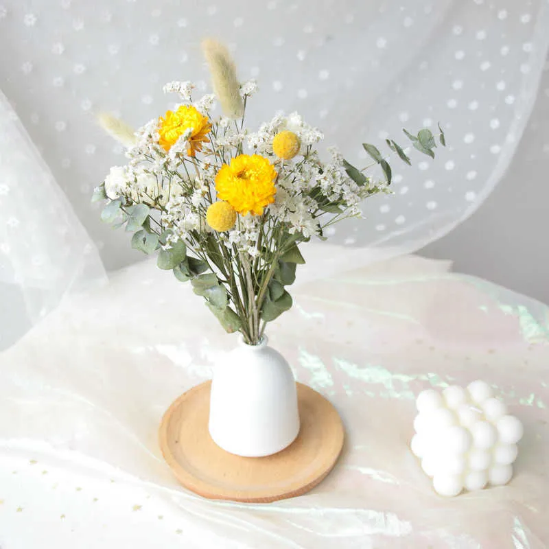 Bouquet de mariage de marguerite de fleurs séchées, avec lapin d'herbe en cristal, accessoires de décoration pour la maison et le salon