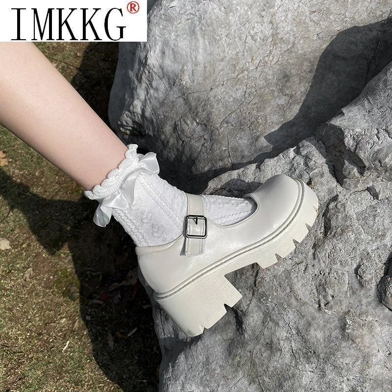 Boots Beige Mary Jane Small Leather Shoes Women's 2022 Summer Cosplay Thicksoled Highheel Japanese JK Single Lolita Shoes Storlek 43