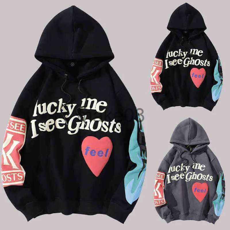 Felpe con cappuccio da uomo Felpe con cappuccio SHUJIN Felpe con cappuccio da uomo Graffiti Lettera Lucky me vedo Ghosts Felpa Harajuku Fleece Street HipHop Pullover Felpa con cappuccio allentata H1 J230701