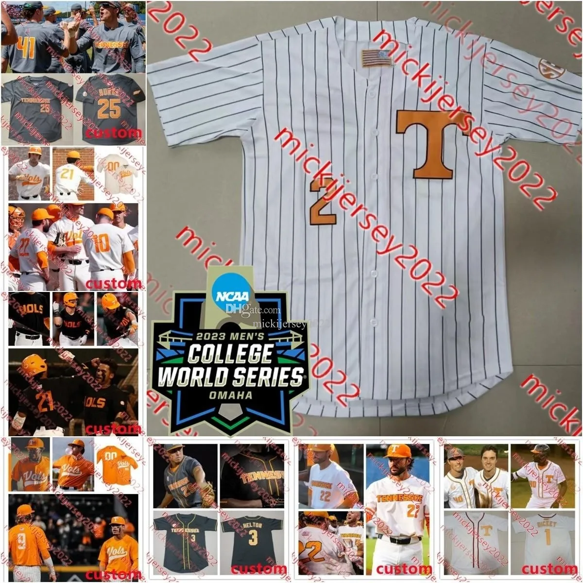 Jared Dickey Blake Burke Morgan Wallen Tennessee Volunteers Baseball 2023 MCWS Jersey Christian Moore Zane Denton Chase Dollander Drew Beam Maillots