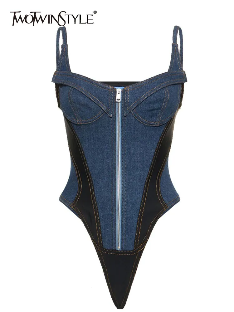 Vrouwen Jumpsuits Rompertjes TWOTWINSTYLE Patchwork Rits Playsuits Voor Vrouwen Vierkante Kraag