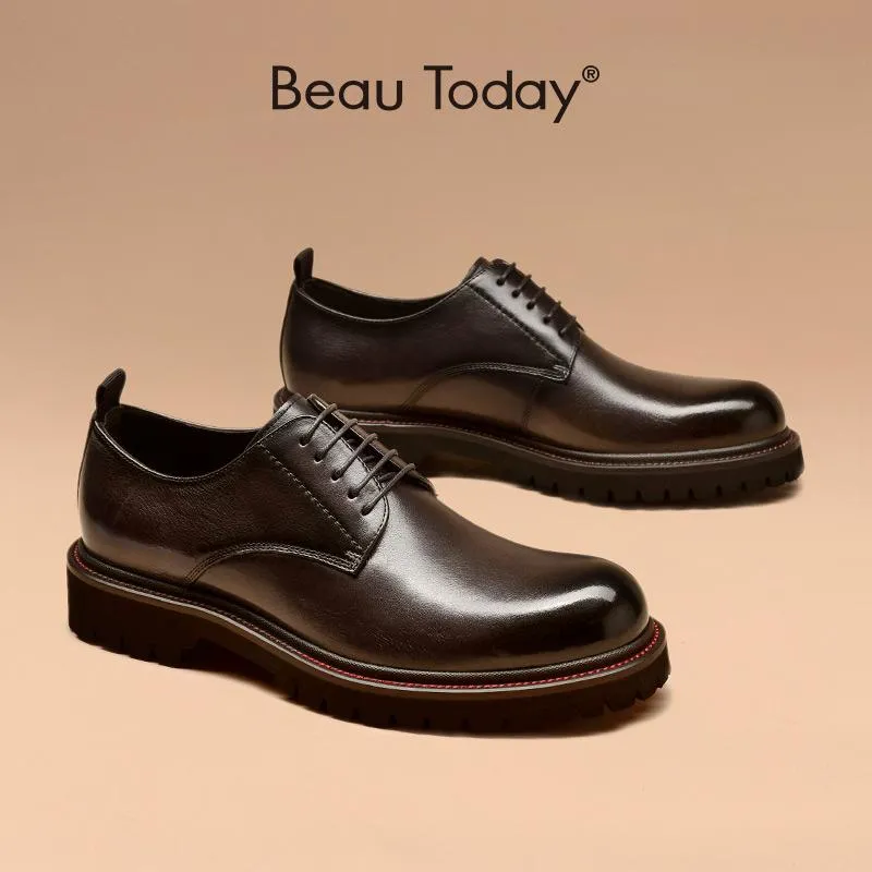 Boots Beautoday Men Derby Shoes Calfskin Leather Waxing Round Toe Laceup Platform Gentleman Business Dress Shoes Handmade 55503
