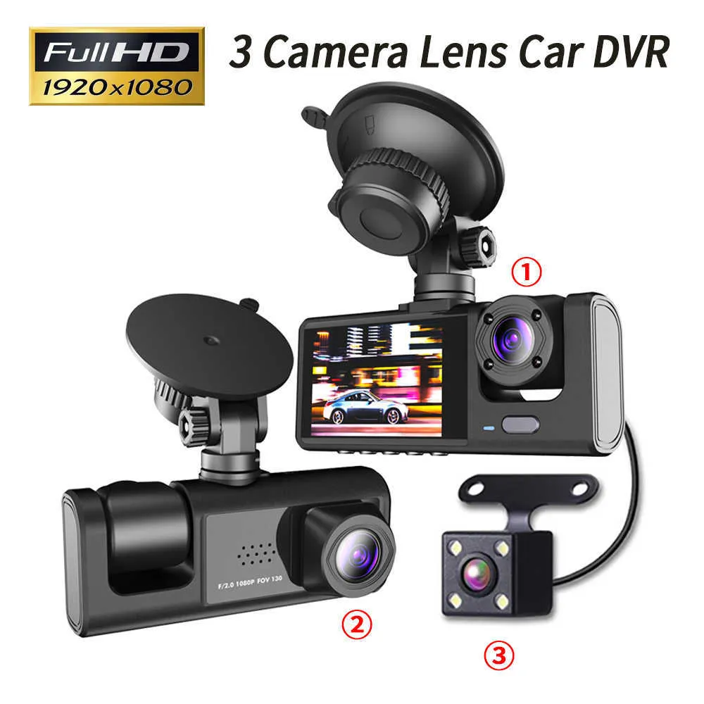 DVR de carro de 3 canais HD 1080P 3 lentes dentro do veículo Dash CamCâmera de três vias DVRs Gravador de vídeo Registrador Dashcam CamcorderHKD230701