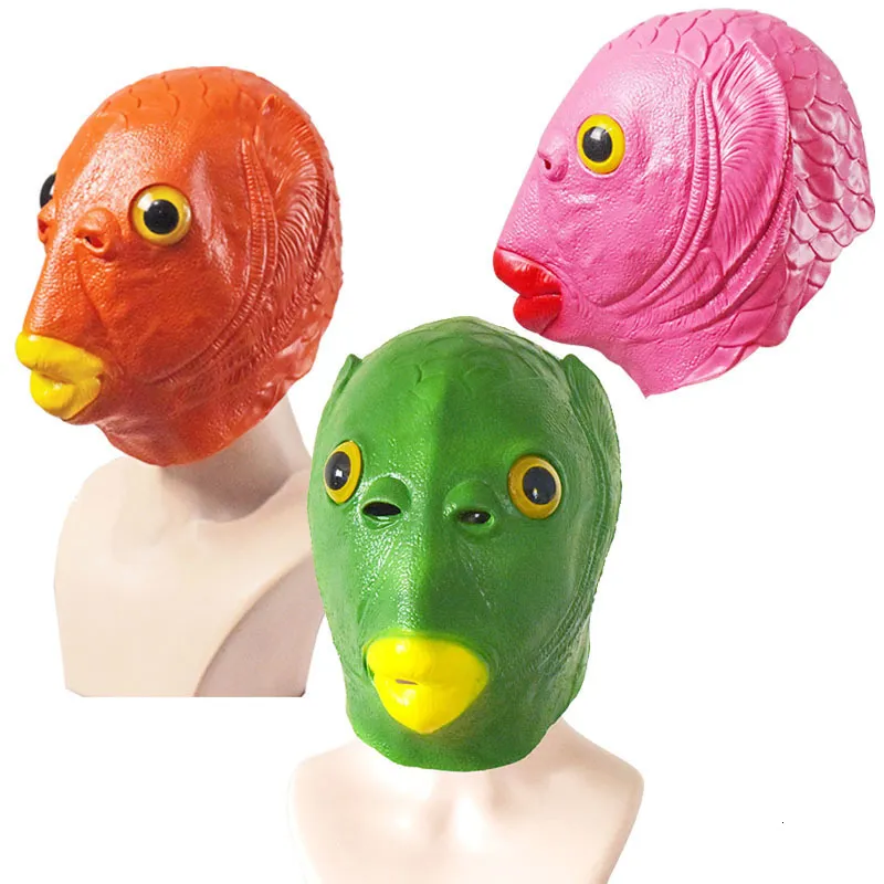 Masques de fête Halloween Masque Ball Cosplay Latex Tête de poisson vert Ensemble d'animaux Masque drôle cosplay Full Face latex animal prop 230630