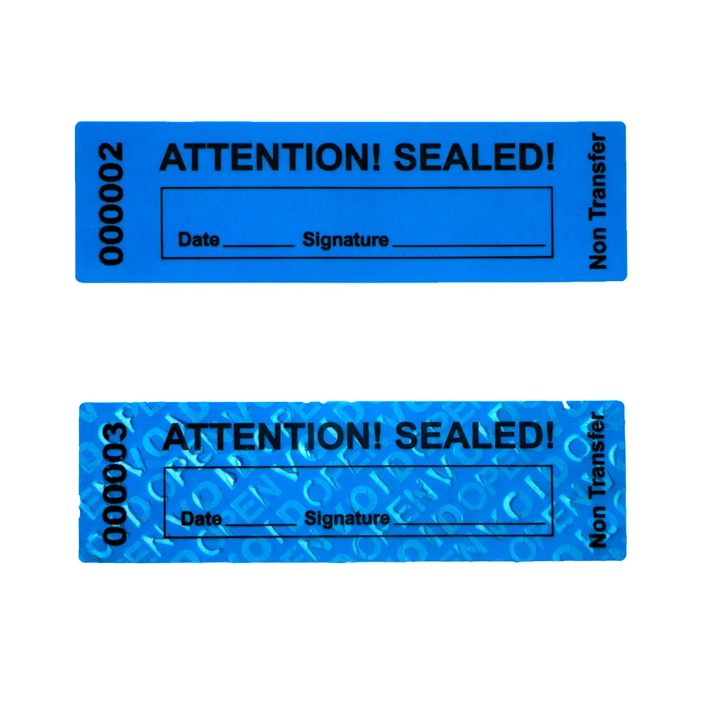Zelfklevende stickers Blauw Tamper Proof Non Transfer Beveiliging Garantie vervalt Etiketten Verzegelingen voor herbruikbare verpakking met serienummers 230630