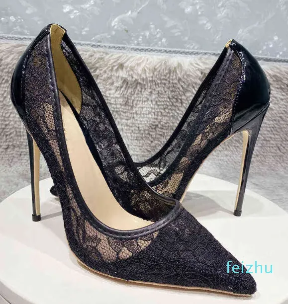 12cm sexy Women's high-heeled shoes with mesh lace thin high-heeled shoes narrow pointed sexy party use black and white