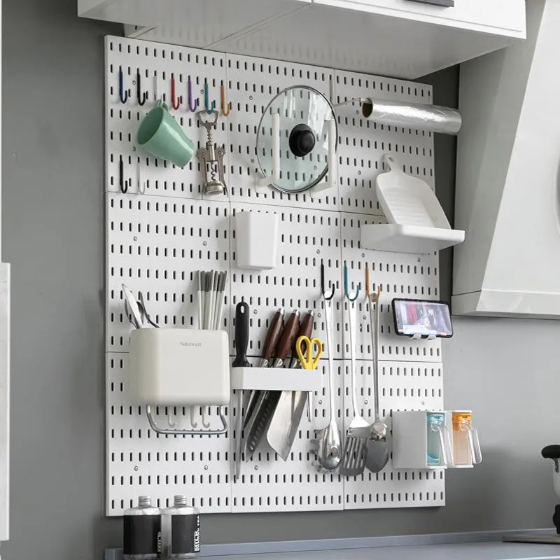 Gardiner DIY PEGBOARD Tillbehör Hängande hylla Lagring Hooks Wall Organizer Ingen stansning Hantverk Organisation för Garage Kitchen Room