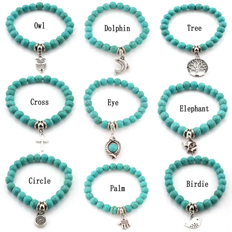 Mode Turquoise perles bracelets arbre hibou dauphin croix paume bracelets porte-bonheur pour homme femmes bijoux accessoires