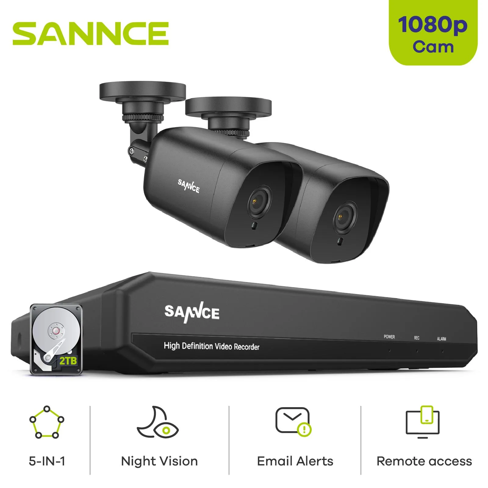 SYSTEM SANNCE 4CH HD 108P CCTV System 1080p Wyjście CCTV DVR 2PCS 1080p Kamery bezpieczeństwa IR Nocne Wodoodporne Zestaw nadzoru