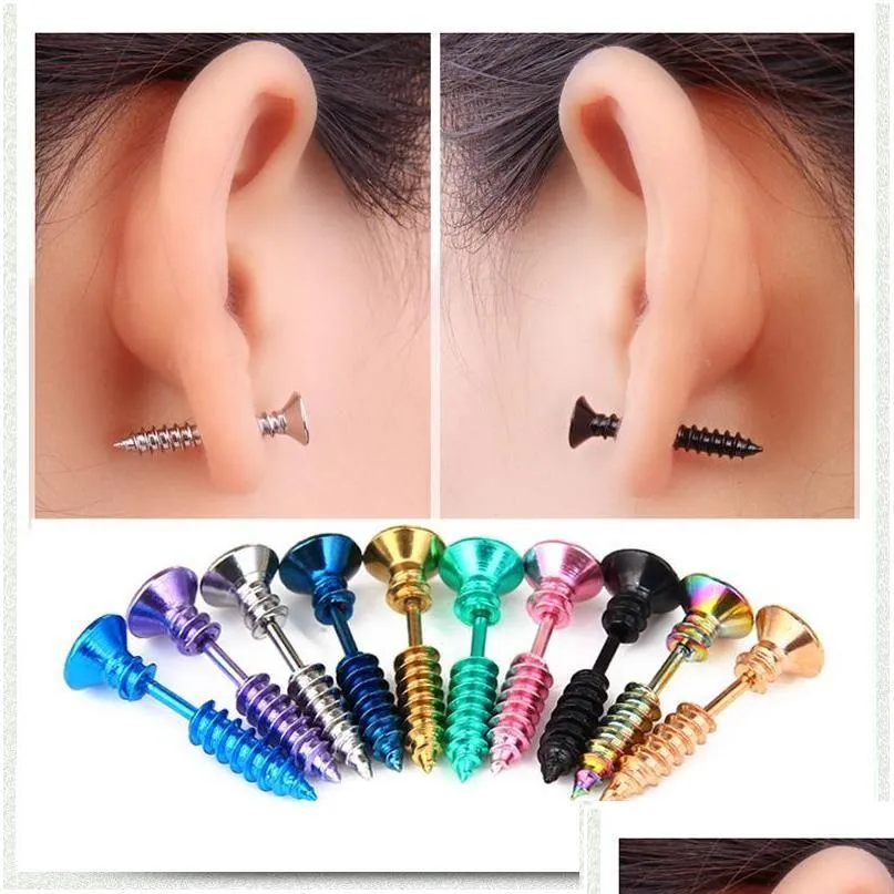 Amazon.com: Screw Stud Earrings Men Women Stainless Steel Pierced Tunnel  Earring Set Punk Style Jewelry 3 Pairs 3 Colors: Clothing, Shoes & Jewelry