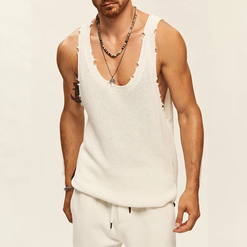 Men's Tank Tops Streetwear Men Clothes Fashion Summer Sleeveless O Neck Straps Knitted Mens Vintage Solid Color Ripped Vest Camisole 230630