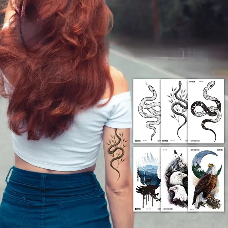 Temporary Tattoos 12pc/Lot Eagle Snake Tattoo Temporary Waterproof Men Women Stickers Arm Faux Tatouage Fake Tattoo Art Fashion Personality Tattoo 230701