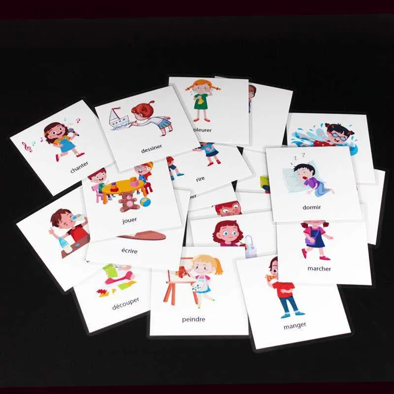 20Pcs Kids Montessori Learning French Emotion/Action Cards Word Flash Cards for Children Educational Early Memory Game Toys Aids L230518
