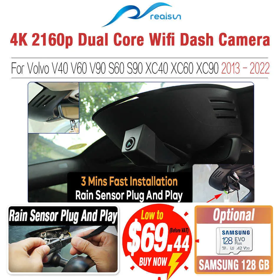 DVRS REALSUN 4K 2160P CAR DVR Dual Core Novatek 96670 WiFi Dash Camera Video Recorder för Volvo V40 V60 V90 S60 S90 XC40 XC60 XC90HKD230701