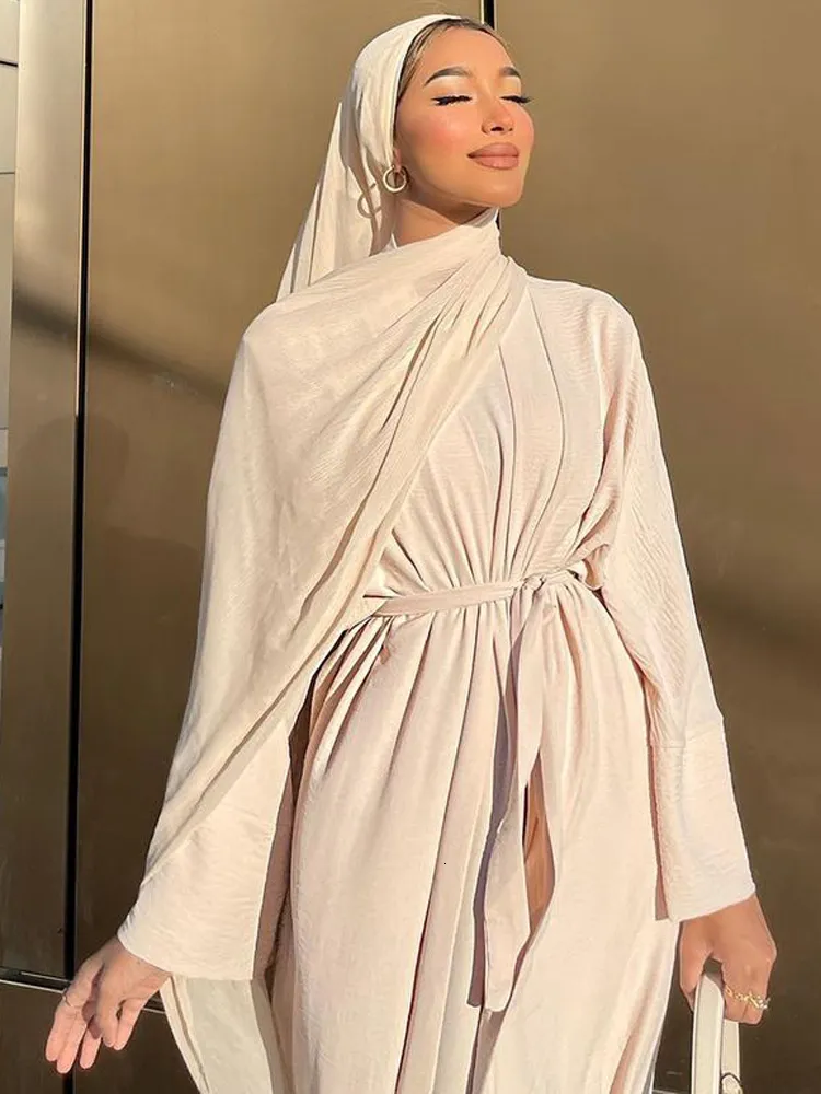 Ethnic Clothing 2 Piece Abaya Set Simple Style Crinkle Fabric Kimono Sleeveless Dress Dubai Muslim Women Modesty Islamic Ramadan Eid 230630