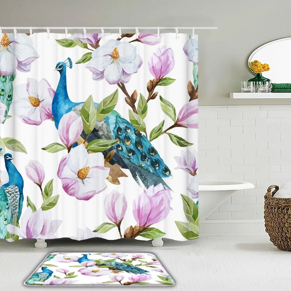 Pads 2pcs/set Peas Bird Flower Plant Shower Curtains Set Bathroom Waterproof Cloth + Nonslip Mat Toilet Mat Bathroom Home Decor