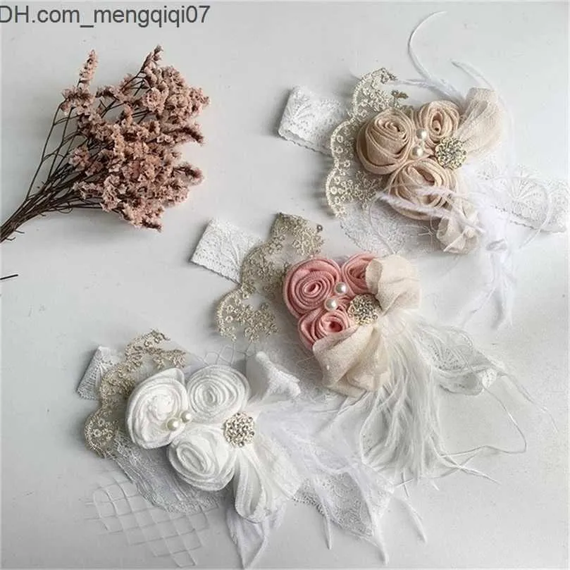 Haarschmuck Satin Blume Feder Baby Stirnband Weiße Spitze Perle Prinzessin Mädchen Haarband Vintage Mode geborene Accessoires 220610 Z230701