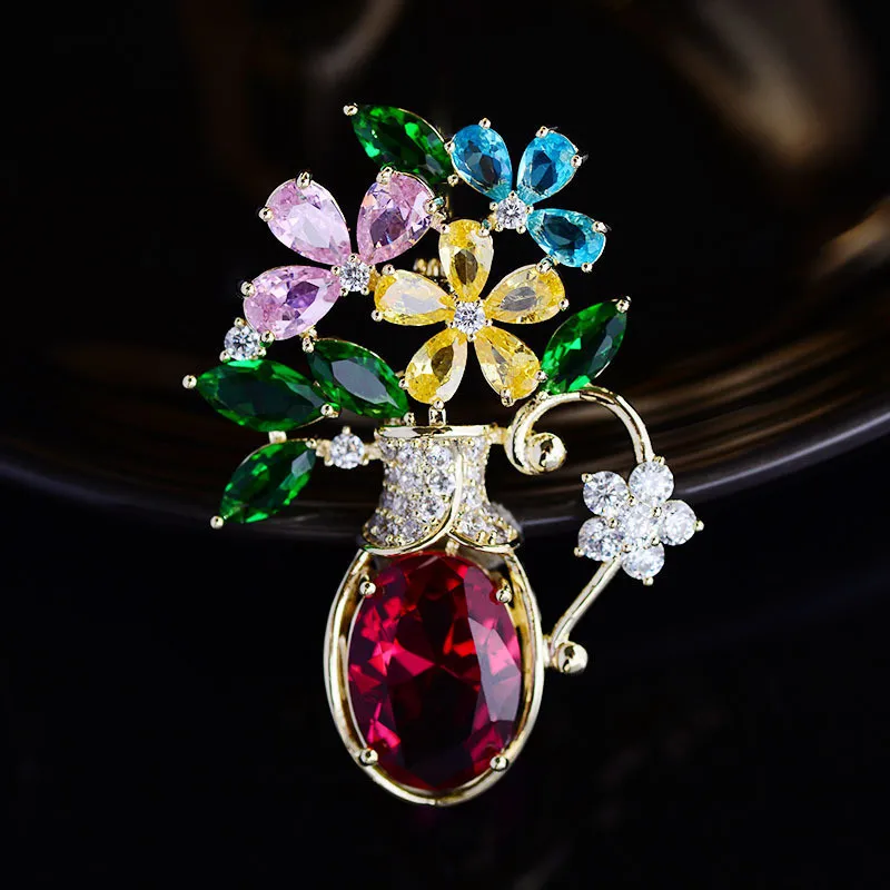 Pins Brooches OKILY Elegant Winter Hat Scarf Brooches Pin Women's Xmas Jewelry Colorful CZ Flower Vase Broochpin Christmas Bouquet Accessories 230630