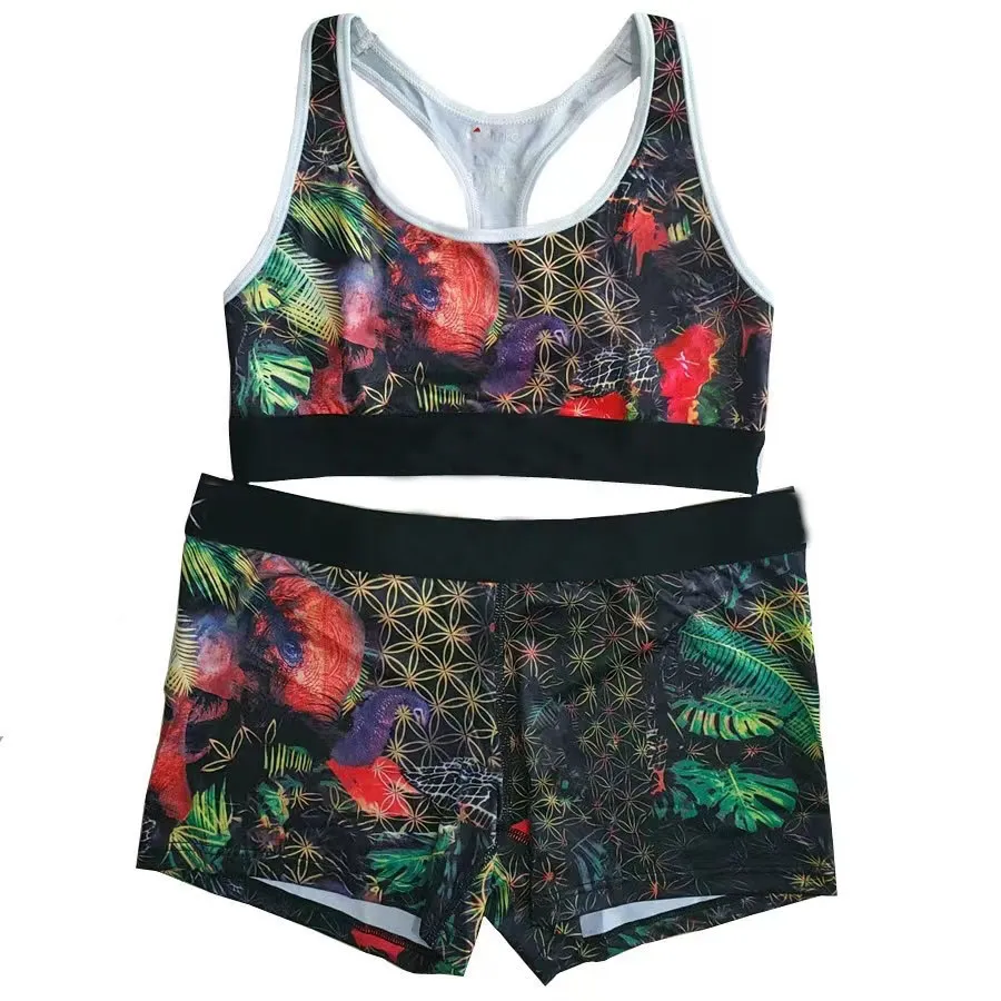 Undershirt shorts two-piece beauty back sexy fitness print yoga suit female swimsuit