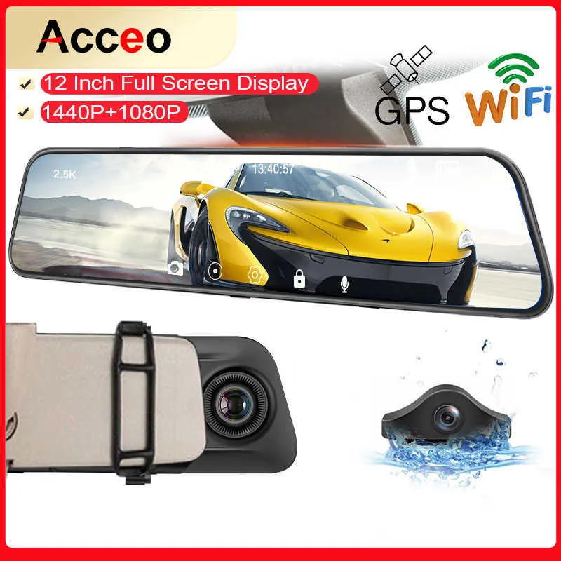 DVRS ACCEO A38PLUS 12 Inch Mirror Touch Screen Video Recorder Dash Cam for Cars bil DVR med bakre kamera bil Black Boxhkd230701