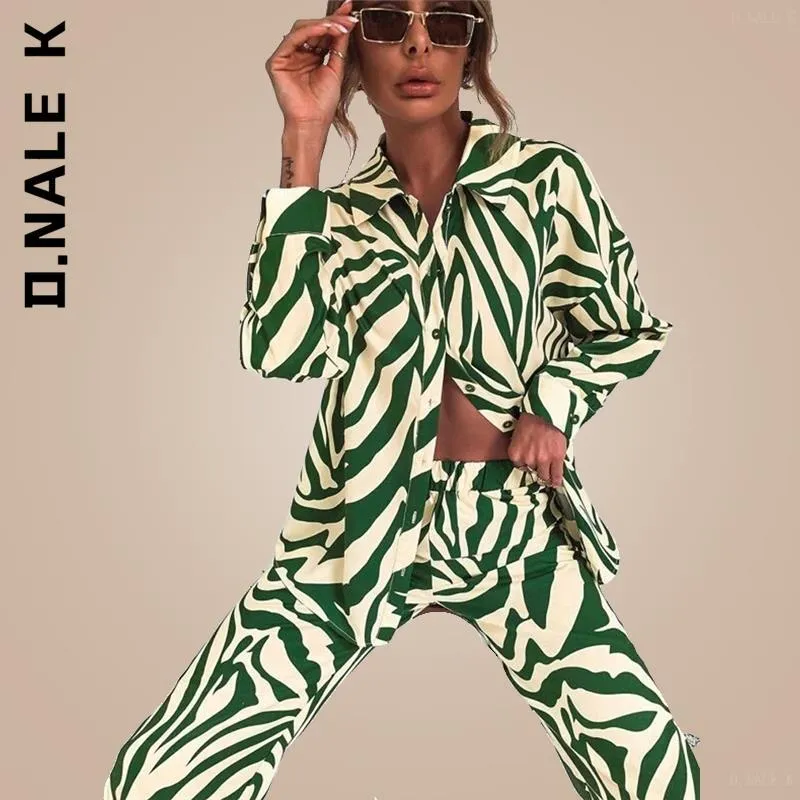 Capris D.nale K Elegant Long Sleeve Top and High Waist Trousers Suit Loose Stripe Women Shirt Pants Two Piece Set Trouser Suits