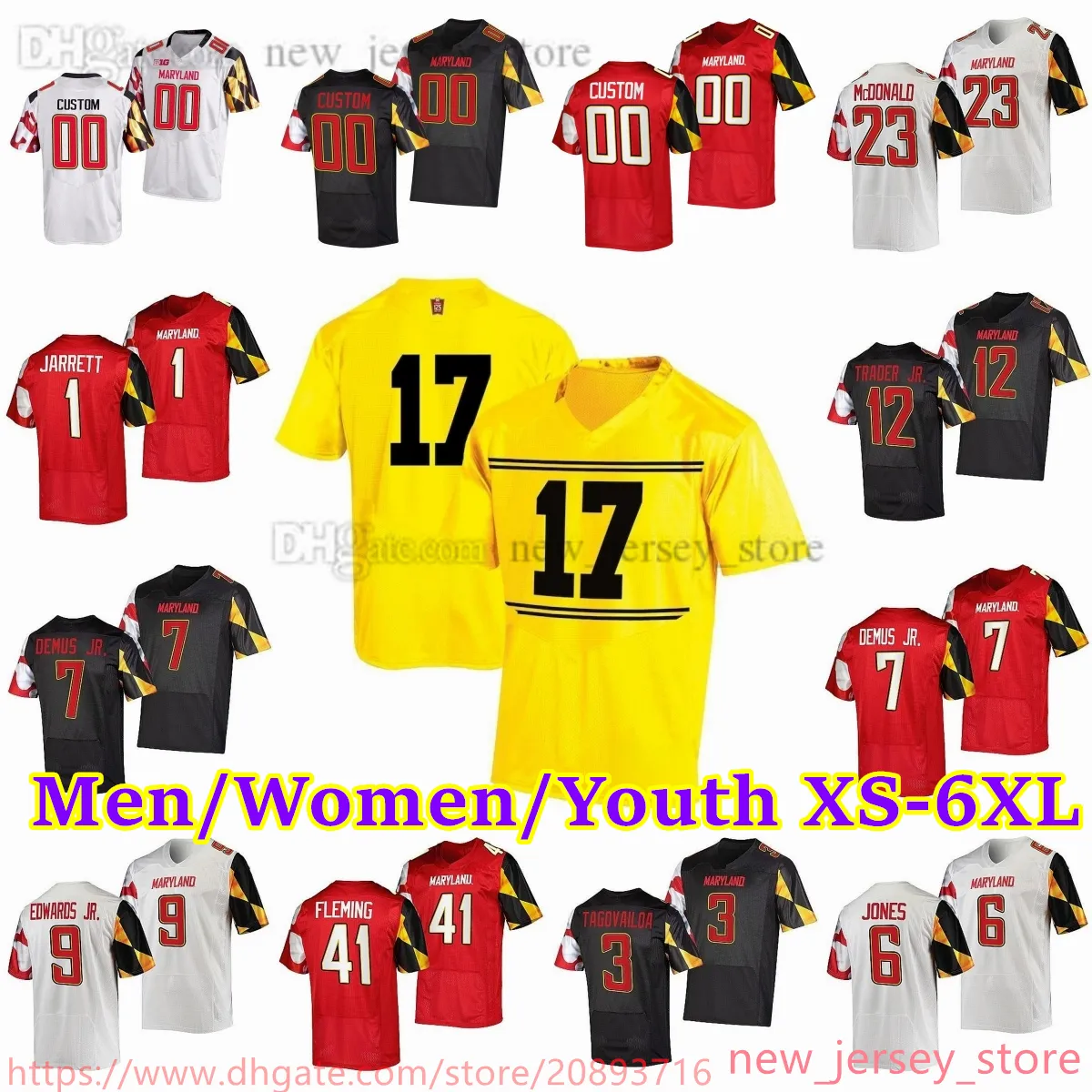 Personalizzato XS-6XL NCAA Maryland Terrapins Maglie cucite da calcio 7 Boomer Esiason 1 Stefon Diggs 82 Torrey Smith 18 Vernon Davis 45 Maglia Shawne Merriman Tagovailoa