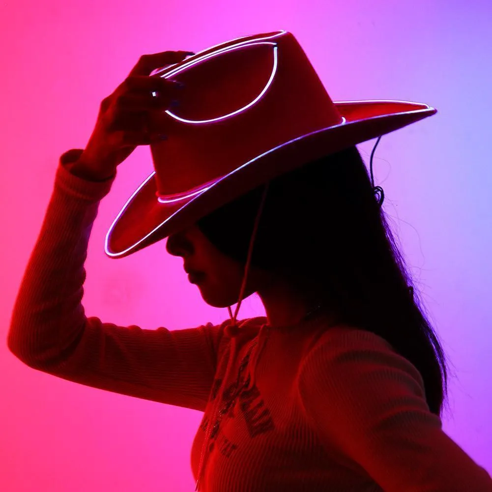 Party Hoeden Roze Cowgirl Hoed Lichtgevende Led Western Cowboy Hoed Voor Vrijgezellenfeest Land Bruiloft Glow In The Bridal Party bruid Hoed 230630