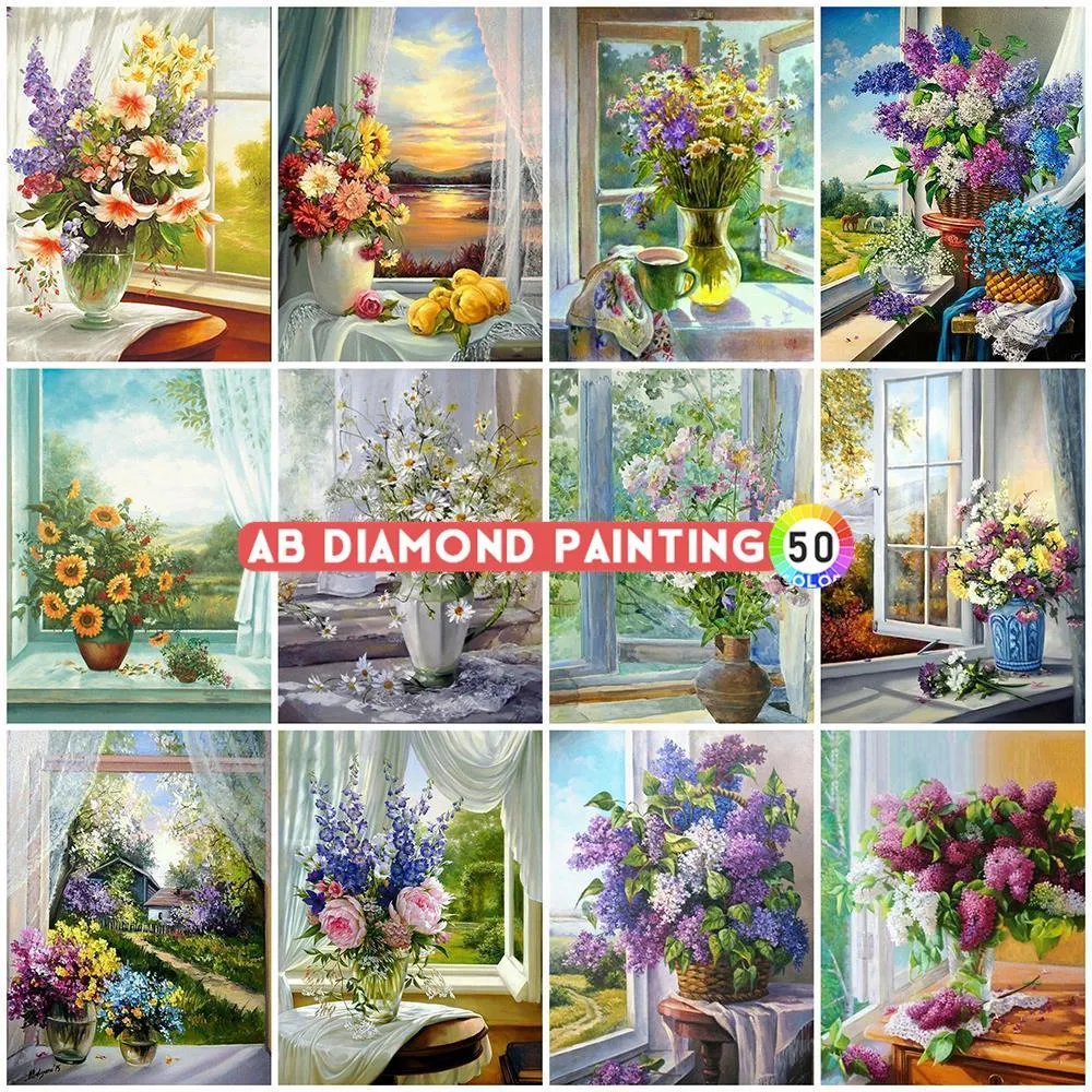 Racks AB Diamond Målning 5D Flower Cross Kits Brodery Daisy Lilac Mosaic Art Windows Decor Full Driy Wall Stickers