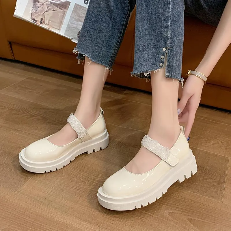 shoes Mary Jane Women Shoes Leather Rhinestone 2021 New Spring Summer Loafers Ladiesthick Heel Platform Wedge Girl Shoes Big Size 43