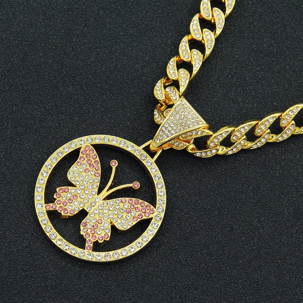 Hip Hop Rapper Shiny Diamond Pendant Necklace Butterfly Circle Full Zircon Pendant Copper Micro-Inset Zircon Jewelry Twist Chain 60cm Cuban Link Chain 50cm 1368