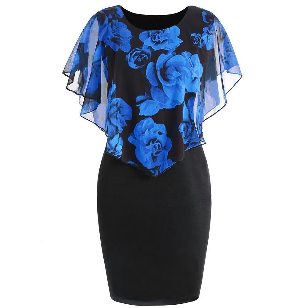 Basic Casual Jurken Zomer Losse Dames Jurk Elegante Office Lady Rose Bloemenprint Cape Bodycon Knielange Jurk Rood 230630