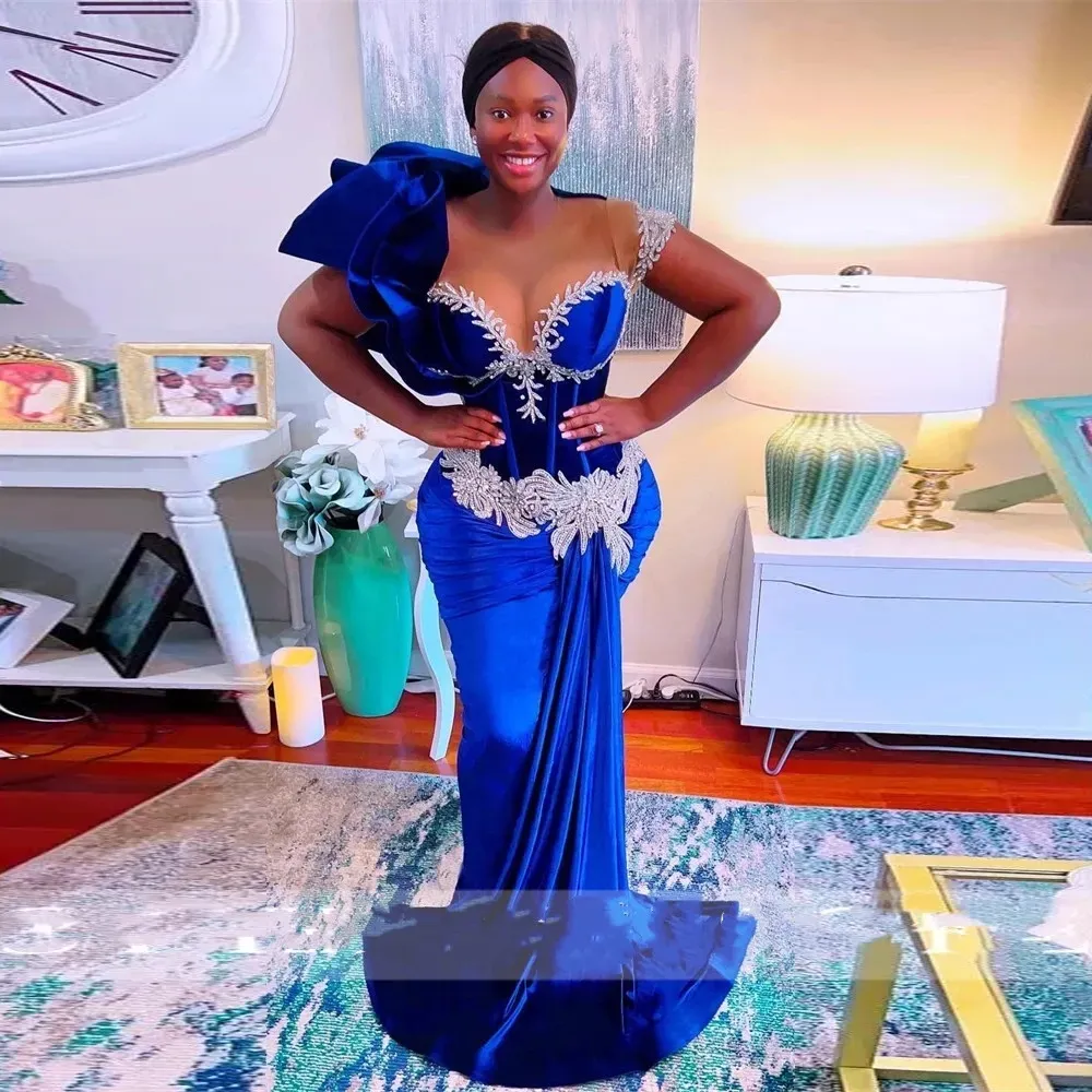 흑인 소녀를위한 로얄 블루 댄스 파티 드레스 반짝 반짝 빛나는 생일 파티 파티 가운 프릴 공식 드레스 인어